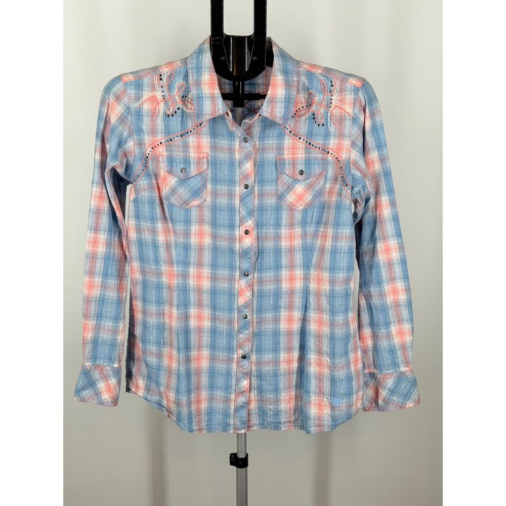 Ariat Womens Blue Pink Plaid Metallic Western Pearl Snap Embroidered Shirt M